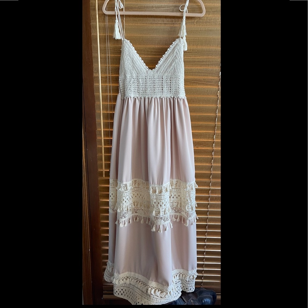 Boho Summer Crochet Maxi Dress, Tassel Adorned, Adjustable Tassel Tie Dress - Picture 5 of 13